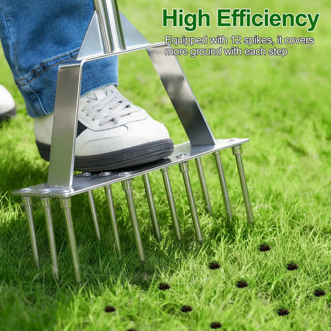 Close-up of Beefy Heavy Duty Stainless Steel Lawn Aerator Tool with 12 spikes in action on grass.