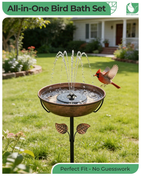 Metal Bird Bath With Solar Fountain, 13 Inch Bowl And 6.3 Inch Solar Pump, Battery And LED Lights, featured in garden