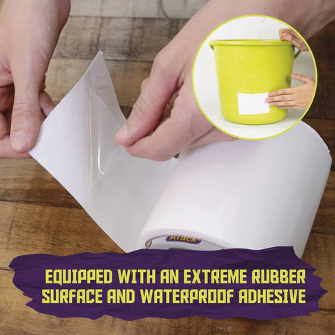 Waterproof Patch And Seal Tape White 4 Inch By 10 Ft No Mess Quick Leak Fix For Pipes Chimneys Roofs Boats And HVAC With Silicone Butyl Adhesive For Wet Submerged Surfaces shown being applied on a surface with a yellow bucket.