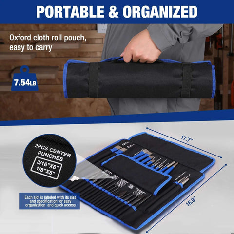 Person holding roll pouch of 30 Piece Heavy Duty Punch And Chisel Set With Roll Pouch Cold And Cape Chisels Center Pin And Taper Punches