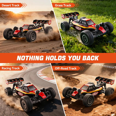 Brushless One Twelfth Scale RC Car For Adults, Dope 42 MPH 4x4 Off Road Buggy With 3S 2200mAh Battery, Waterproof ESC in action on various terrains