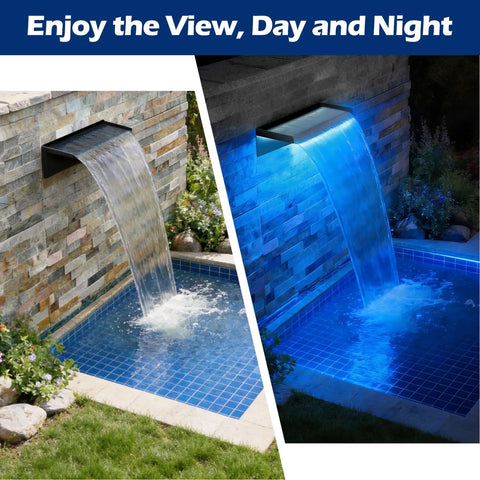 Pond Waterfall Kit With 850 GPH Pump 12 Inch Stainless Steel Spillway Remote Control LED Lights Four Stage Filtration