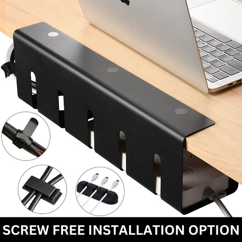 2 Pack Under Desk Cable Management Tray With 15.7 Inch Cord Organizer, black metal, adhesive and screw options shown