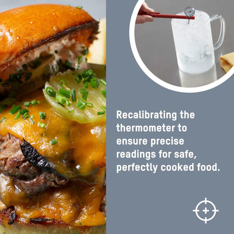 Instant Read Analog Meat Thermometer with Red Pocket Calibration Sleeve near iced water next to burger, grilling ready.
