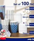 Two Color Leaf Design 10 Oz Disposable Coffee Cups With Lids Sleeves And Stirrers 100 Pack Value Set For Home Office Cafe Blue Leaf And Grey Leaf Prints Includes White Lids And Accessories