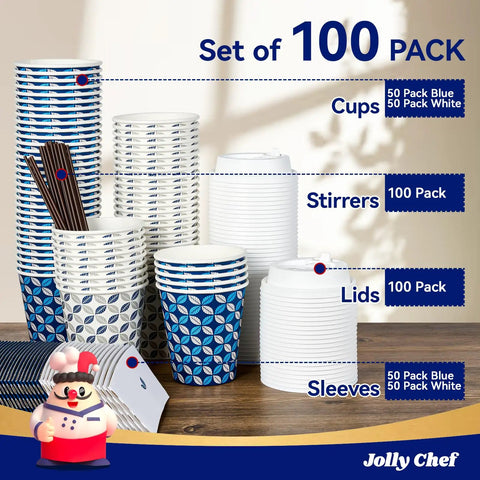 Two Color Leaf Design 10 Oz Disposable Coffee Cups With Lids Sleeves And Stirrers 100 Pack Value Set For Home Office Cafe Blue Leaf And Grey Leaf Prints Includes White Lids And Accessories