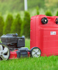 Portable 6 Gallon Boat Fuel Tank Kit For Outboard Engines With Easy Fill Hose Durable Plastic Marine Gas Tank For Pontoon And Small Boats Spill Proof Design Safe And Ready To Go next to a lawnmower on grass