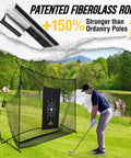 Heavy Duty Golf Practice Net 10x7ft With Noise Reducing Silk Target for Backyard or Garage Setup with Fiberglass Poles, male golfer practicing.