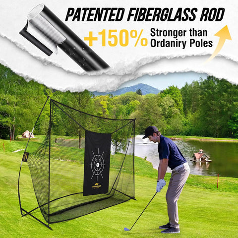 Heavy Duty Golf Practice Net 10x7ft With Noise Reducing Silk Target for Backyard or Garage Setup with Fiberglass Poles, male golfer practicing.