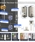 Smart Fingerprint Door Lock With App Control, No-Fuss 8 In 1 Keyless Entry Deadbolt diagram showing size and installation details