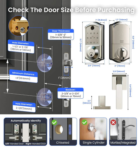 Smart Fingerprint Door Lock With App Control, No-Fuss 8 In 1 Keyless Entry Deadbolt diagram showing size and installation details