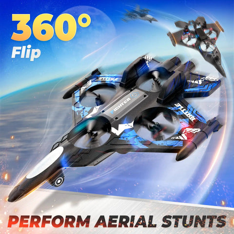 Drones For Kids 2.4GHz Remote Control Plane With 360 Degree Flip Stunt Helicopter and Fighter Jet Toy, Blue, mid-air stunt.