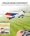Radio control setup and RC plane showcasing compatibility with Futaba, JR Americas, and Hitec for Beefy 4.8V 2000mAh NiMH RC Receiver Battery Pack With Hitec And Futaba Connectors Square Rechargeable Battery For RC Planes Cars Drones Sailplanes And More Ready To Fly.