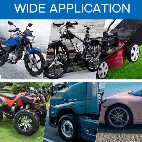 Wide application for heavy duty motorcycle tire spoon kit with 14.5 inch tire irons shown on bikes, motorcycle, lawn mower, ATV, truck, car.