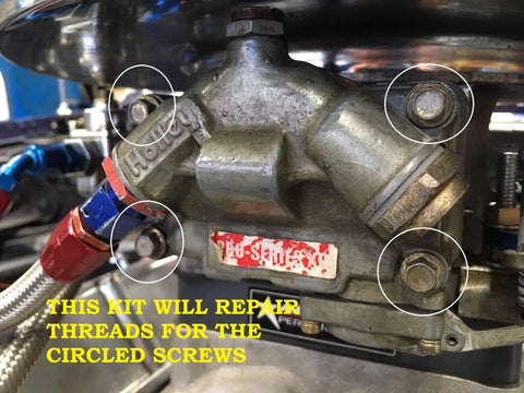 Carburetor with circled screws to repair using Carburetor Float Bowl Screw Helicoil Style Thread Repair Kit With Hardened Stainless Inserts And Drill Restores Stripped Threads On All Float Bowl Screws Reuses Your Original Screws And Keeps Your Ride Tight USA Made