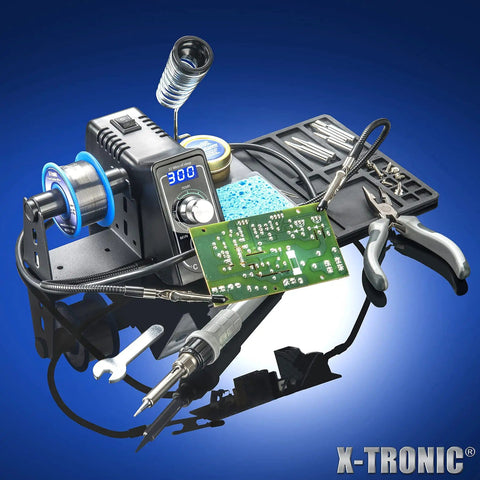 Pro Grade 75W Soldering Iron Station with LED Display, two helping hands, solder roll, brass sponge, wet sponge, tools displayed