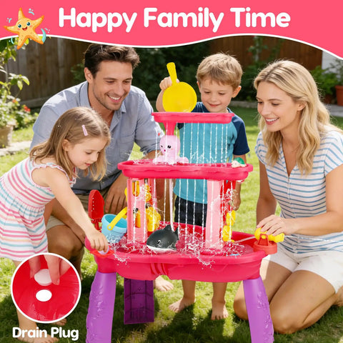 Family enjoying 3 Tier Water And Sand Table With Pump For Toddlers To Kids Ages 1 To 8 Outdoor Backyard Splash Play Set