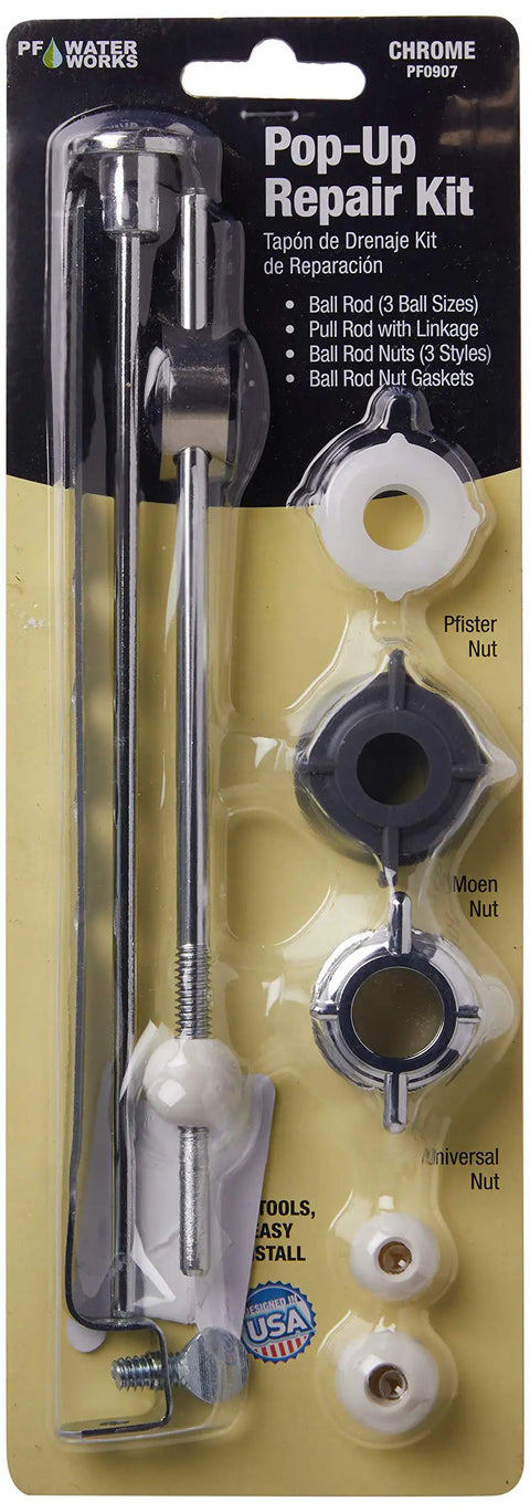Pop Up Drain Repair Kit With Threaded Adjustable Ball Rod Center Pivot Gasket 3 Ball Size Options in package