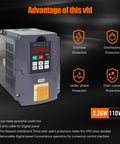 Workhorse 2.2KW 110V Variable Frequency Drive VFD Inverter For Spindle Motors shown with features and protective controls.