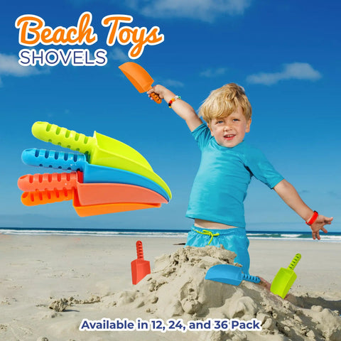 Child playing with Kids Sand Shovel Bulk Pack 12 Heavy Duty Plastic Beach Shovels For Beach Day Chaos Garden Tool Sandbox Toys