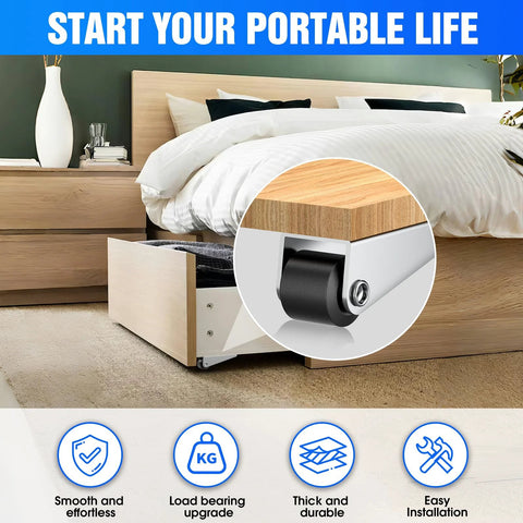 Image showing a bed with storage featuring the 4 Pack Rubber Swivel Gate Caster Wheels Replacement Kit with Non Slip Rolling Casters.