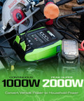 Road Ready 1000W Power Inverter 2000W Peak DC 12 Volt To AC 120 Volt Converter on workbench charging tools.