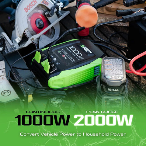 Road Ready 1000W Power Inverter 2000W Peak DC 12 Volt To AC 120 Volt Converter on workbench charging tools.