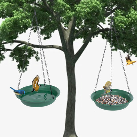 Hanging Bird Feeder And Bird Bath Combo For Outdoors Ready For Easy Setup 10 Inch Tray 16 Inch Chain Durable Plastic