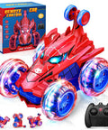 Rechargeable RC Car For Kids With 360 Flips 4WD Stunt Vehicle With Bright LED Lights Totally Rad Outdoor Toy Gift For Ages 4 5 6 7 8 9 10 11 12 Birthday Christmas, red and blue design with remote control and LED wheels