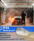 Person washing a car in a garage using Vapor Tight LED Shop Light Four Foot All In One 40/50/60W Selectable, IP66 Waterproof