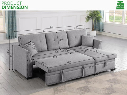 Dimensions of Straight Up Comfy 82 Inch Sectional Sofa Bed With Hidden Storage Chaise Drawer And Easy Pull Out Sleeper Frame.
