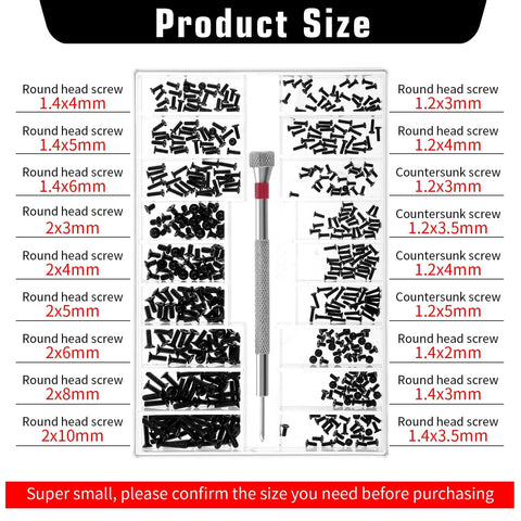 500 Pcs Extra Small Screws Micro Repair Kit in M1.2 M1.4 M2.0 Sizes with Black Finish, storage box with various screw sizes