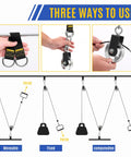 Illustration of Upgraded 90mm Aluminum Pulley Wheel for Home Gym with three usage setups: Moveable, Fixed, and Compound.
