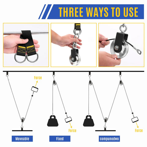 Illustration of Upgraded 90mm Aluminum Pulley Wheel for Home Gym with three usage setups: Moveable, Fixed, and Compound.