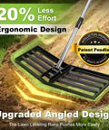 Angled Design Lawn Leveling Rake With 30 By 10 Inch Stainless Steel Head And 70 Inch Adjustable Handle shown on grass in use