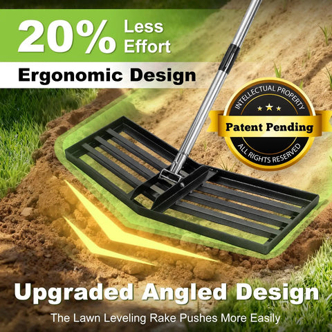 Angled Design Lawn Leveling Rake With 30 By 10 Inch Stainless Steel Head And 70 Inch Adjustable Handle shown on grass in use
