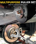Image showing Nine Way Two Thirds Jaw Bearing Hub Gear Seal Remover Tool And Nineteen Piece Heavy Duty Slide Hammer Puller Kit on car hubs.