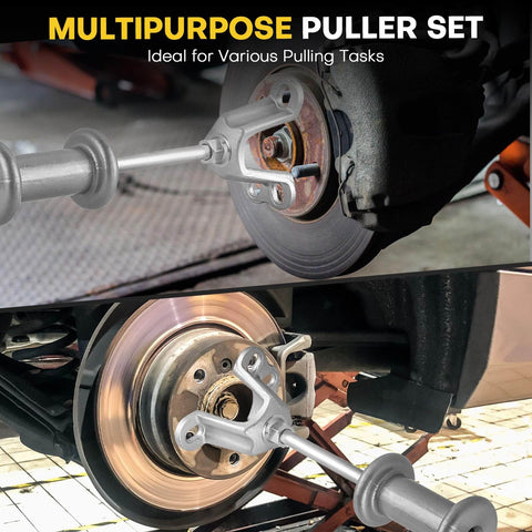 Image showing Nine Way Two Thirds Jaw Bearing Hub Gear Seal Remover Tool And Nineteen Piece Heavy Duty Slide Hammer Puller Kit on car hubs.
