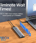 Hassle Free Nvme M2 Enclosure For Usb 3.2 Drives Snappy 10Gbps Speeds No Sweat Tool Free Setup Fits M And B Plus M Keys Up To 2280 With Killer Cooling Grill For Smooth Storage Swaps connected to a laptop on a wooden table.
