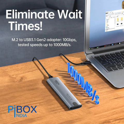 Hassle Free Nvme M2 Enclosure For Usb 3.2 Drives Snappy 10Gbps Speeds No Sweat Tool Free Setup Fits M And B Plus M Keys Up To 2280 With Killer Cooling Grill For Smooth Storage Swaps connected to a laptop on a wooden table.