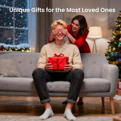 A man holding a red gift box while a woman playfully covers his eyes, celebrating the holiday spirit.