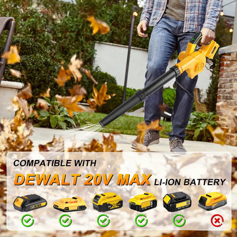 Man using Cordless Leaf Blower With DeWalt 20V Battery 200 CFM Variable Speed Includes Two 3Ah Batteries And Charger Powerful Yard Care Tool For Lawn Patio And Car Cleaning to clear leaves