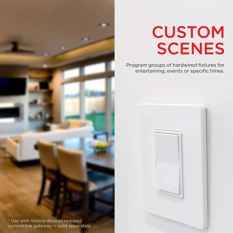 Add-On In-Wall White Rocker Paddle Switch For Z-Wave And ZigBee Wireless Smart Lighting Controls on wall in living room