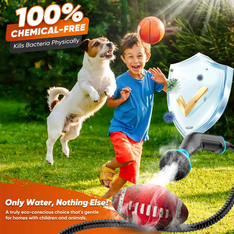 2500 Watt Handheld Steam Cleaner With One Point Eight Quart Tank And Ten Attachments For Grout Range Hood Tile Upholstery Car Detailing High Temp Cleaning Machine For Home Use in use by a child and a dog.
