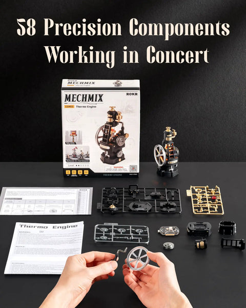 Thermo Engine 3D Puzzle With Realistic Lighted Furnace, DIY Building Kit For Adults, Interactive Mechanical Model, Desk Decor, Gift For Tech Nerds, Mechmix Series Compatible And Expandable; 58-piece parts laid out