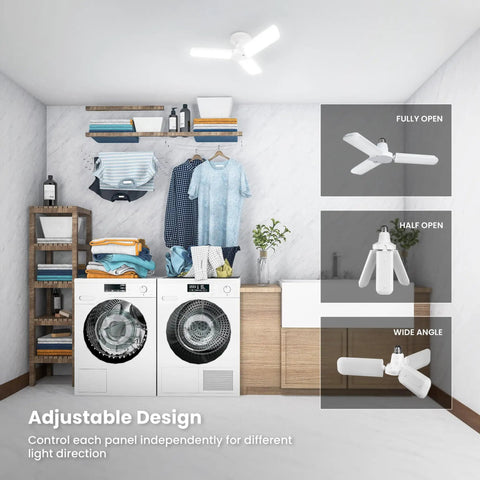 LED Garage Light With Multiple Adjustable Panels, E26 Base, 4,000 Lumens shown installed in a laundry room with adjustable design