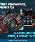 Four images showing Twoaught Gauge Welding Cable Set, Black And Red 10 Ft Each, Flexible Pure Copper Battery Wire in various setups.
