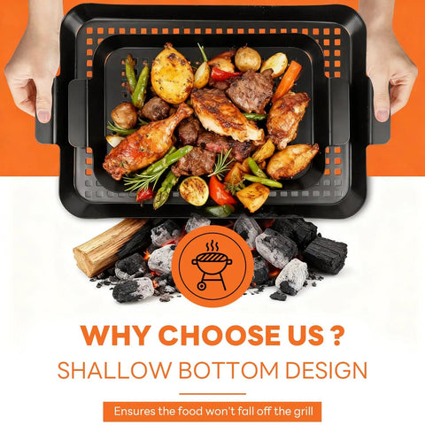 Two Pack Grill Topper For Outdoor Grill Nonstick Enamel Coated Carbon Steel Durable Grill Pan Set with cooked food on top