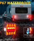NOVCAPAR wireless trailer light kit; rear view of tow caravan with red LED tail lights; inset LED close-up, IP67