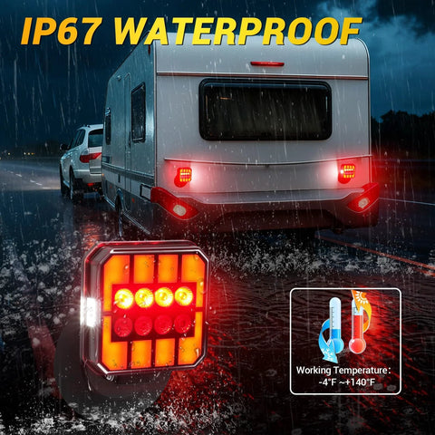 NOVCAPAR wireless trailer light kit; rear view of tow caravan with red LED tail lights; inset LED close-up, IP67